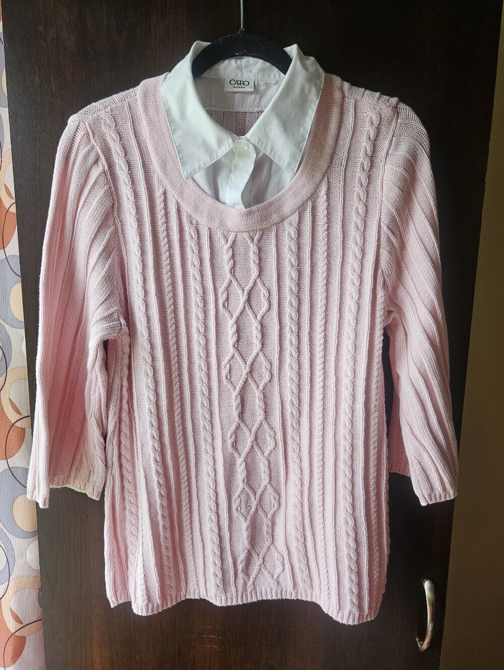 Cato Light Pink Cable Knit Scoop Neck Sweater With Layered Collar